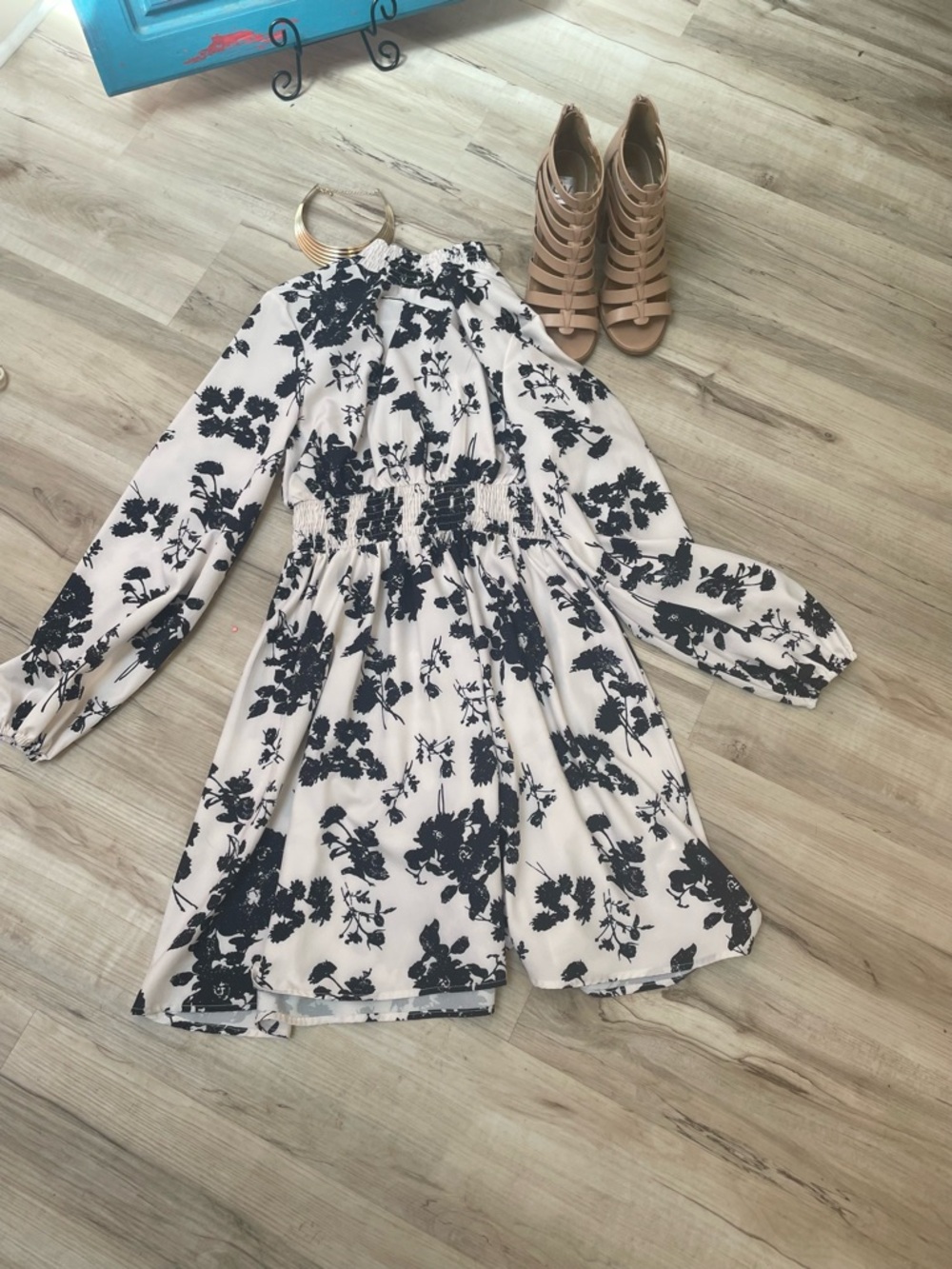 Floral Long-Sleeve Smocked Waist Dress - Black on Cream